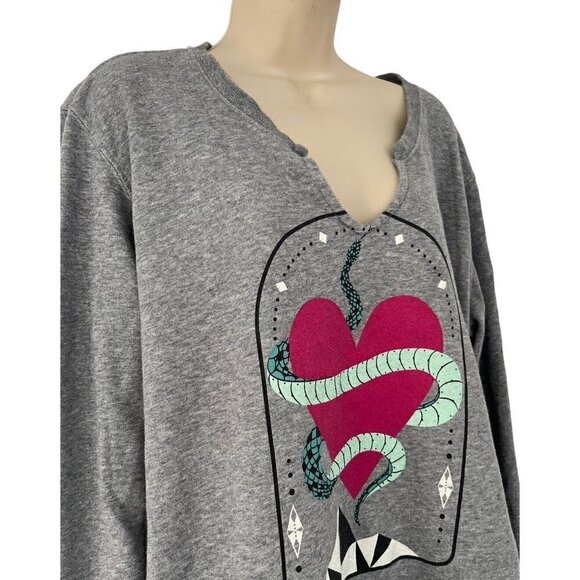 Torrid Womens Size 1 or 1X Snake Heart Grey Terry Split Neck Sweatshirt - Picture 3 of 8